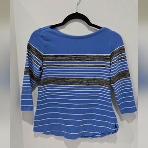 Talbots Blue & Black Striped Boat Neck 3/4 Sleeve Top Size SP